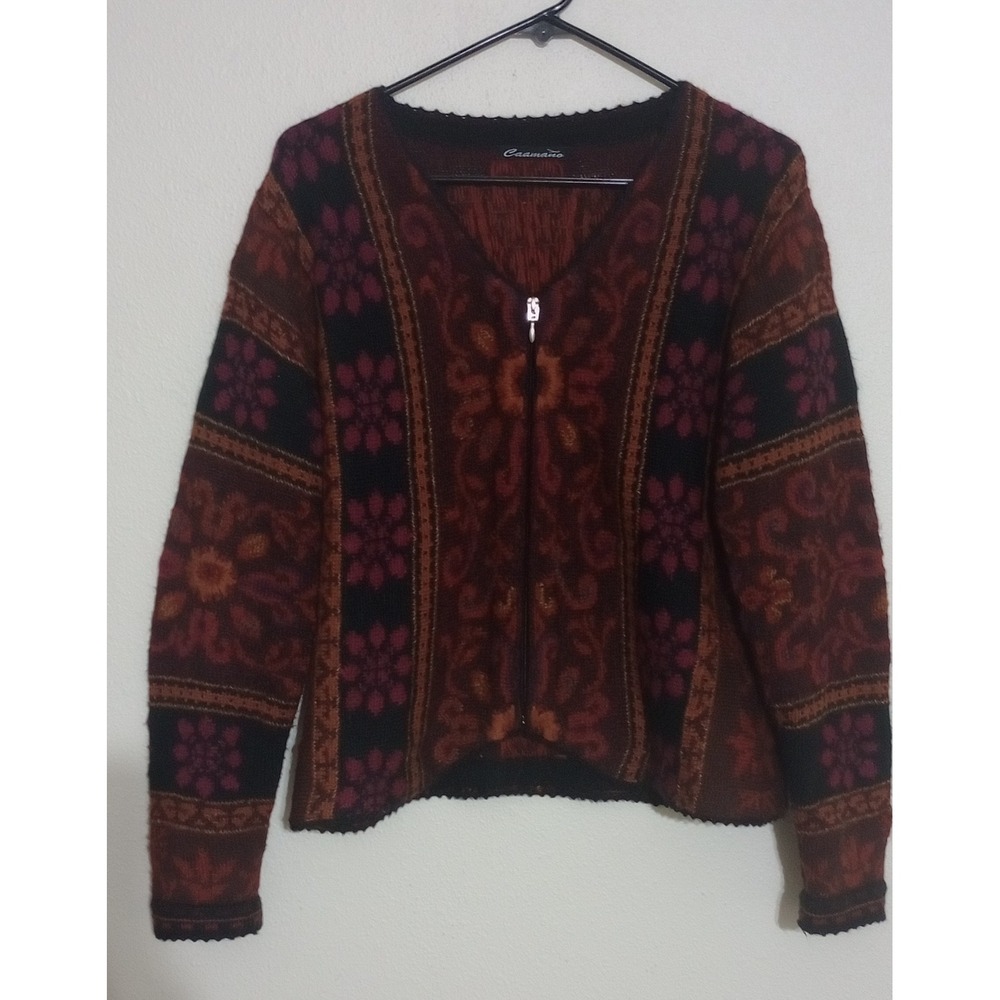 Caamano Hand Knit 100% Alpaca Wool Full Zip Cardigan Sweater Floral Peru Small